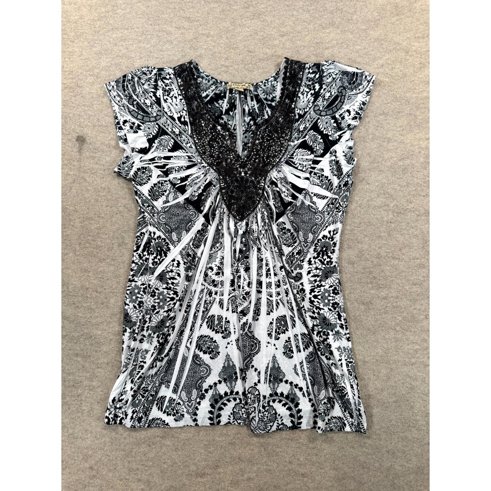 Energe World Wear Womens Medium Black White Floral Pleated V-Neck Blouse Top